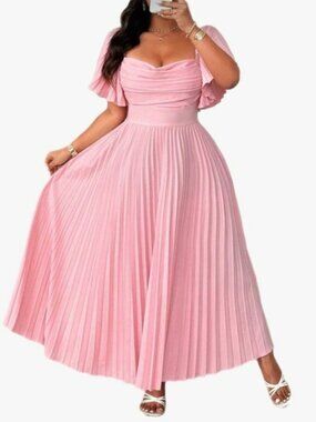 Pastel Pink Accordion Pleated Maxi Dress Wedding Guest Bridesmaid Plus Size 0X
